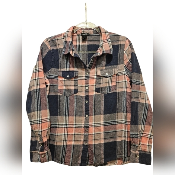 Woman's Rue 21 Navy and pink plaid flannel button down - Picture 1 of 5